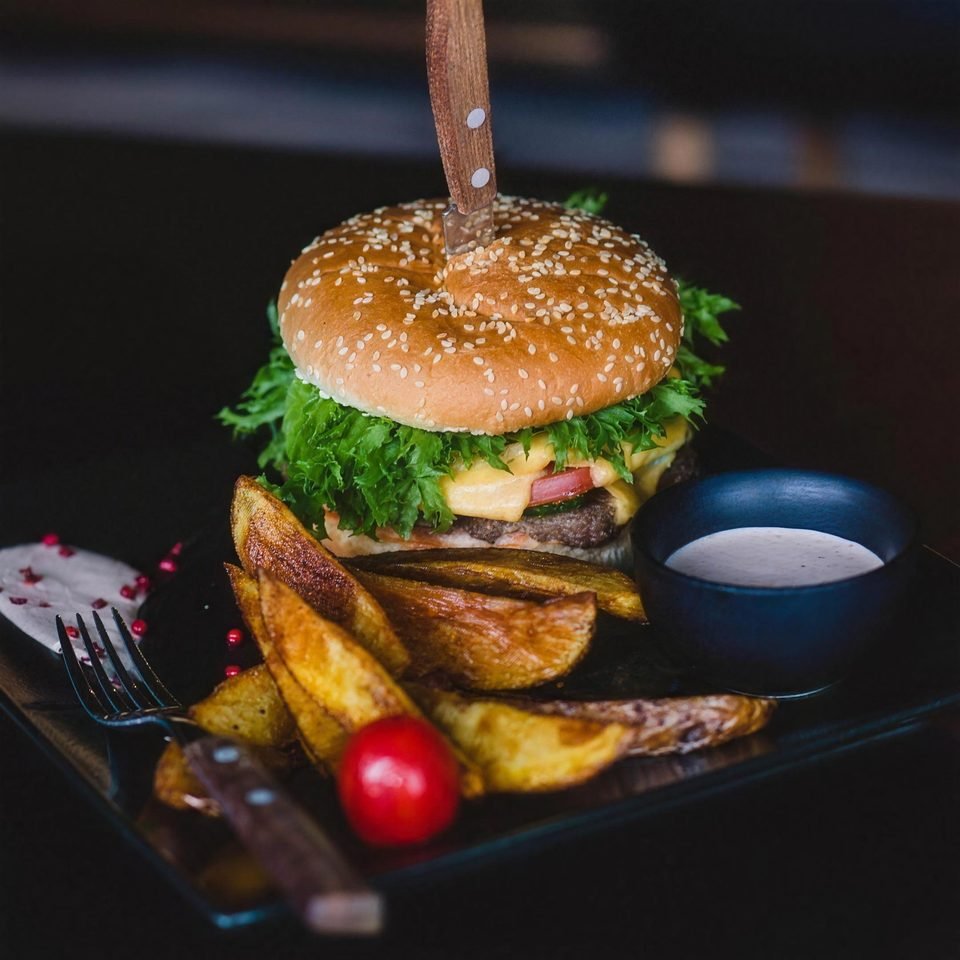 Burger with potato wedges on a dark background