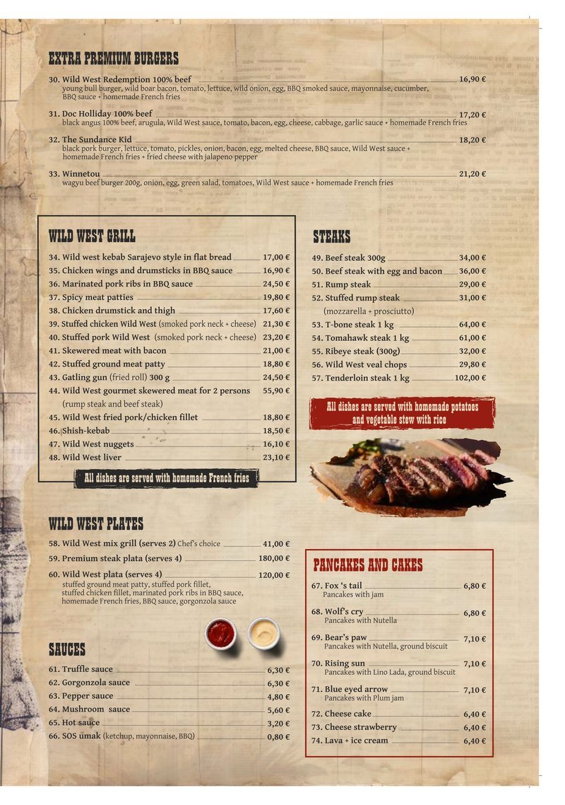 Karte, innen rechts: Extra-Premium-Burger, Grillgerichte, Steaks und Desserts
