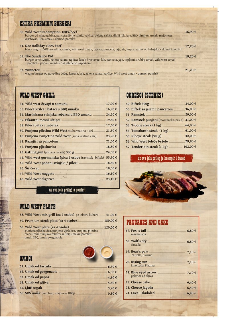 Cjenik, unutarnja desna strana: extra premium burgeri, roštilj, odresci i deserti