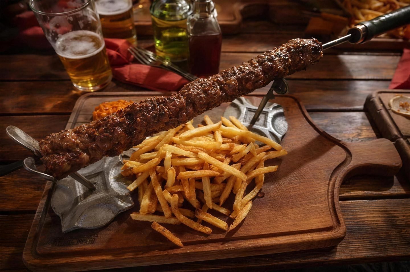 Shish kebab on a skewer with fries on a wooden board