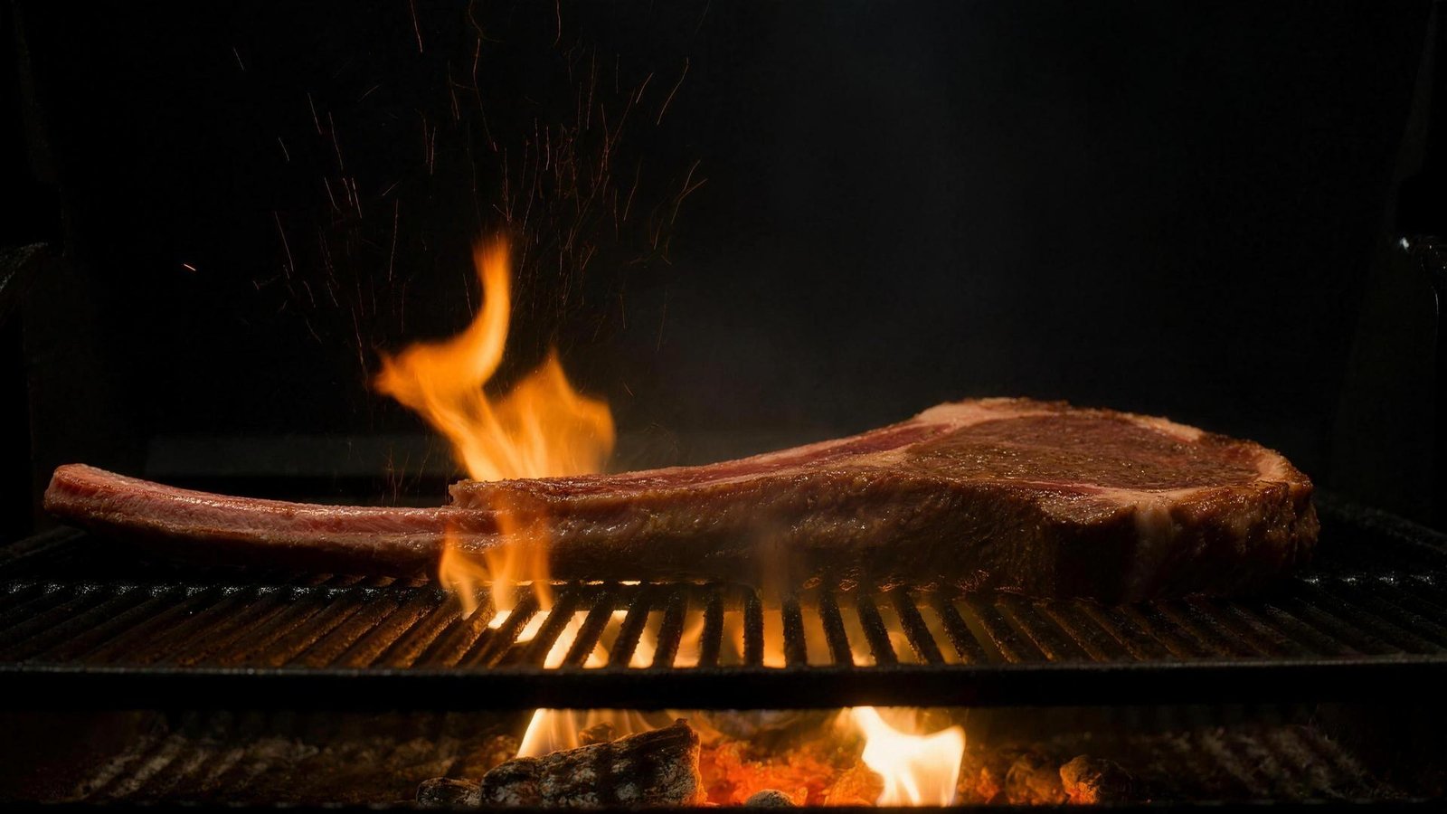Tomahawk steak with long bone on an open grill, flames and glowing embers below the grate